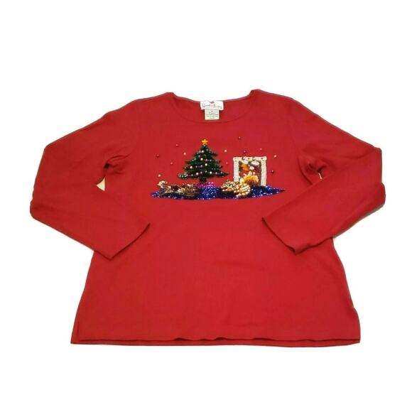 Vintage 1990s Quacker Factory Red Sequin Beaded Christmas Top 1X Holidays - Picture 2 of 12